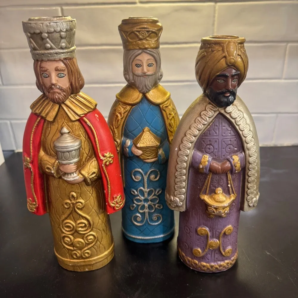 Three Wise Men Candle Holder Set Multicolor Painted Magi Decor Christmas